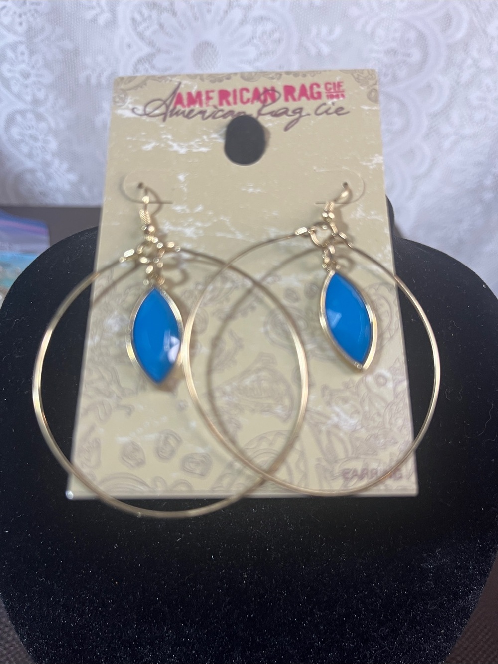 😻5for$15😻American Rag Gold Hoop Earrings with Bright Blue Marquise Accent NWT